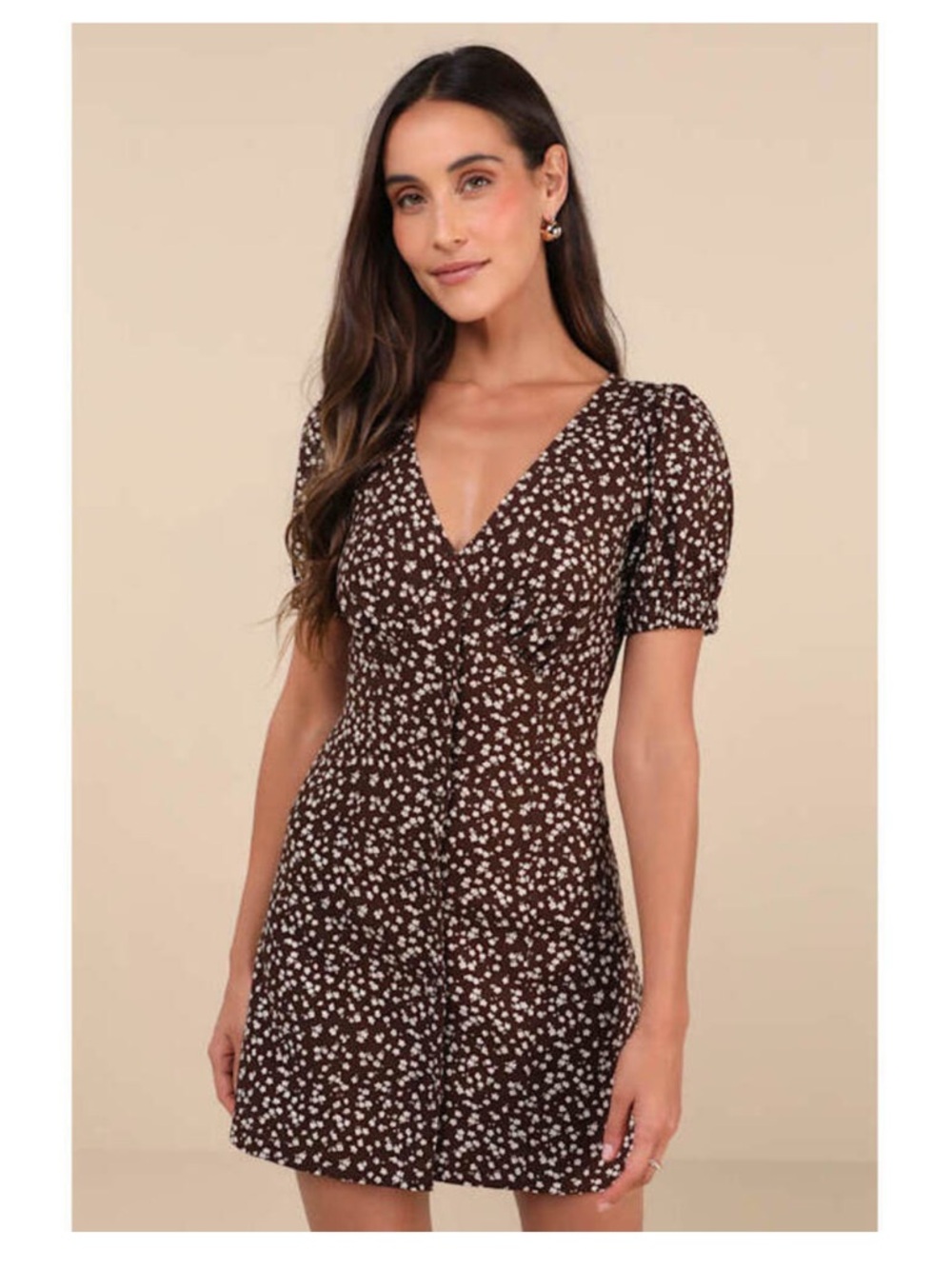 NWT Lulus Adored Cutie Brown Floral Button-front Mini Dress